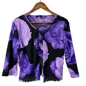 Y2K Purple All Over Floral Mesh Tie Front Top Large Rag Coverup Lettuce Hem VTG